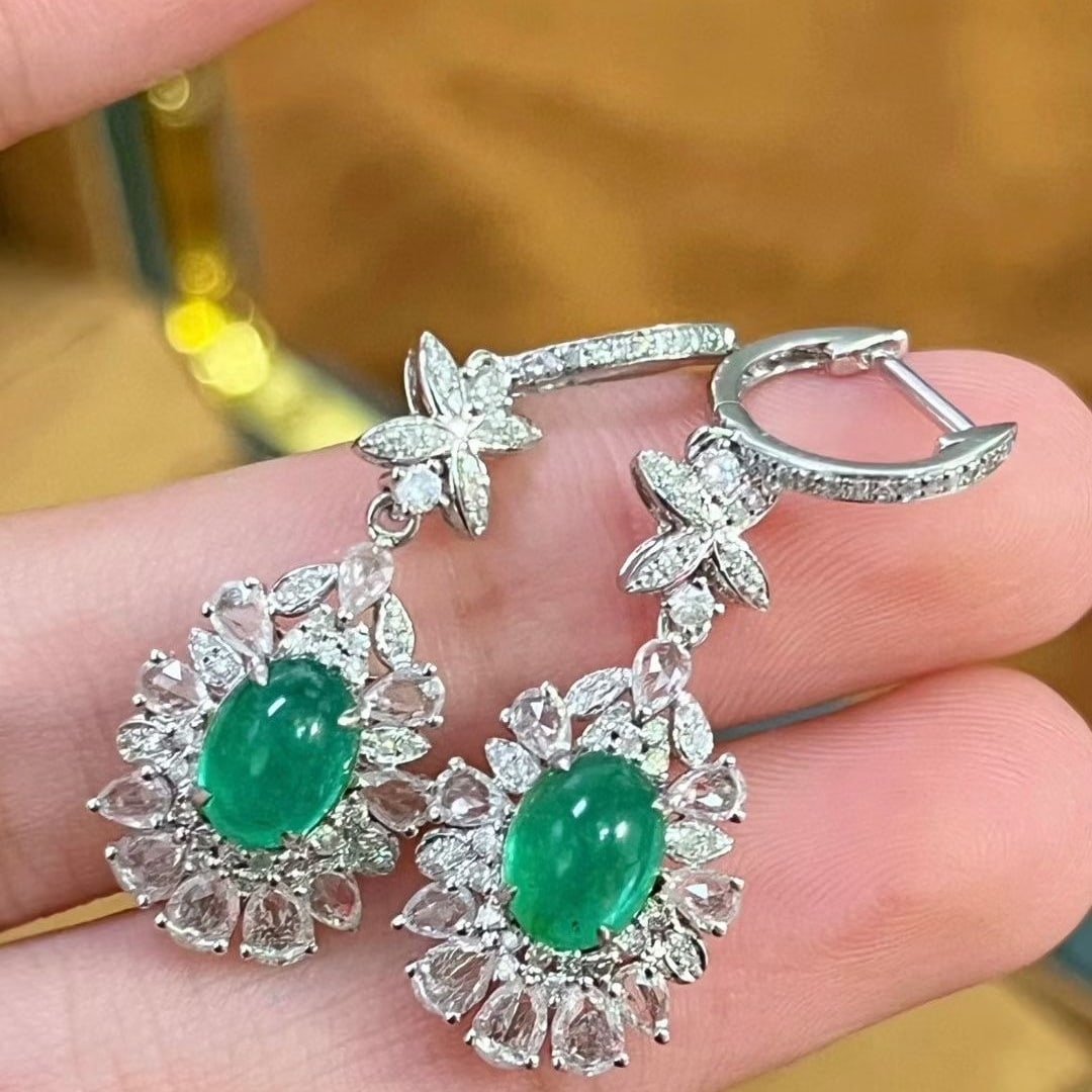 14k Gold 1.95 Ct Natural Emerald & Diamond Earrings - 2