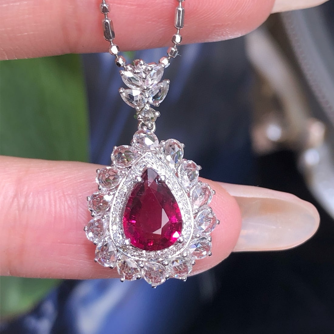 14k Gold 1.50 Ct Natural Tourmaline & Diamond & Sapphire Pendant( Without Chain ): Ref:231044423 // gold content:14k gold // main gemstone:tourmaline // shape:pear // carat weight:1. 50ct // color:red // treatment:natural // // adjacent gemstone 2 : diamond // number of stones:36