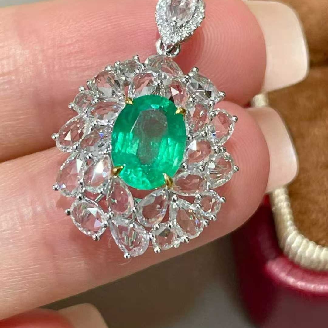14k Gold 1.22 Ct Natural Emerald & Diamond & Sapphire Pendant( Without Chain ) - 2