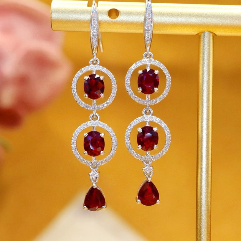 14k Gold 2.73 Ctw Natural Ruby & Diamond Earrings: Ref:231044441 // gold content:14k gold // main gemstone:ruby // shape:multiply // carat weight:2. 33ct // color:pigeonblood red // treatment:natural // // adjacent gemstone 2 : diamond // number of st