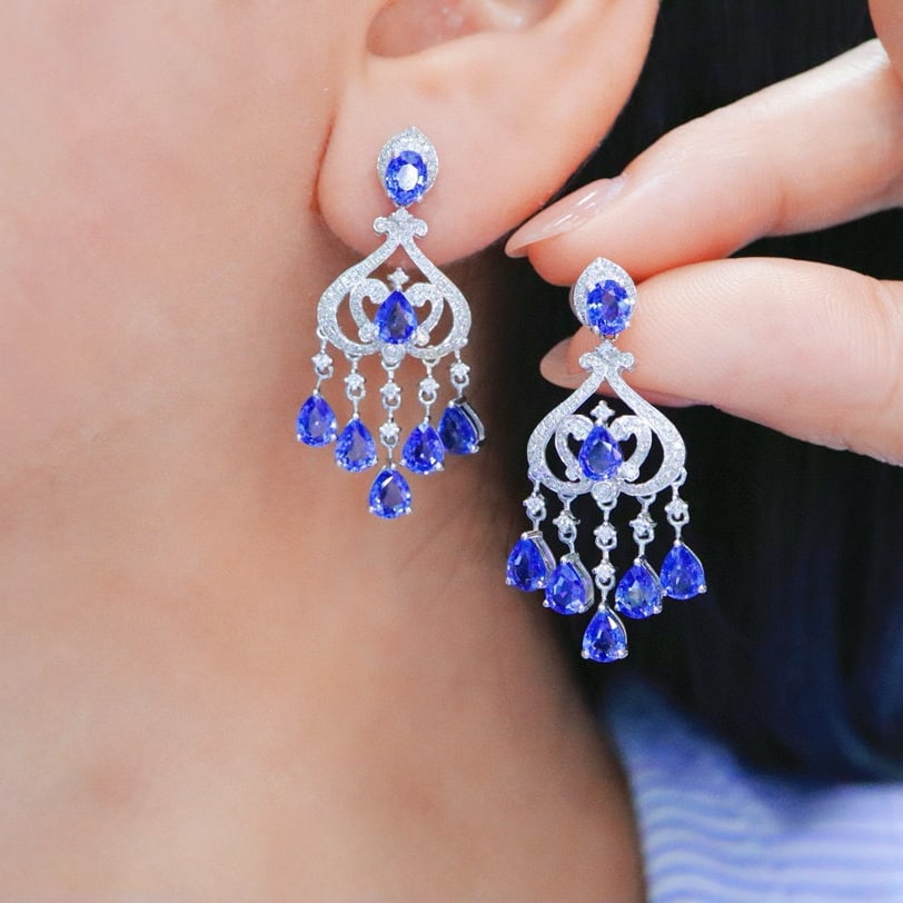 14k Gold 6.05 Ctw Natural Sapphire & Diamond Earrings - 5