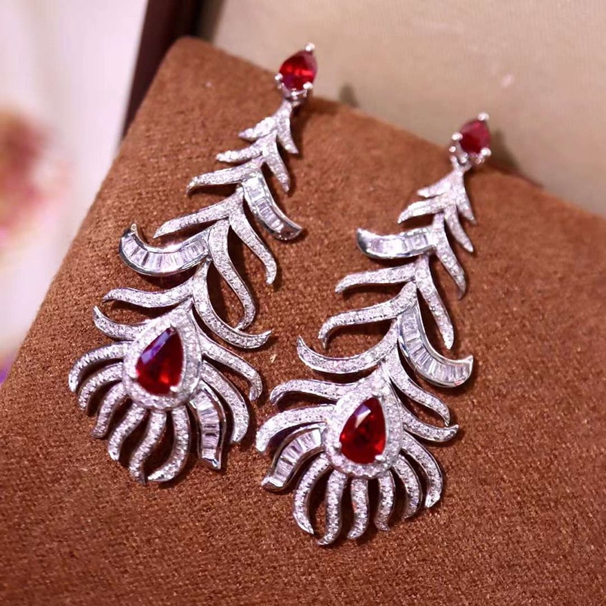 14k Gold 3.13 Ctw Vivid Red Natural Ruby & Diamond Earrings - 2