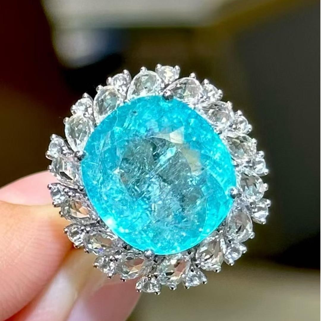 14k Gold 10.6 Ct Natural Paraiba Tourmaline & Diamond & Sapphire Ring - 2