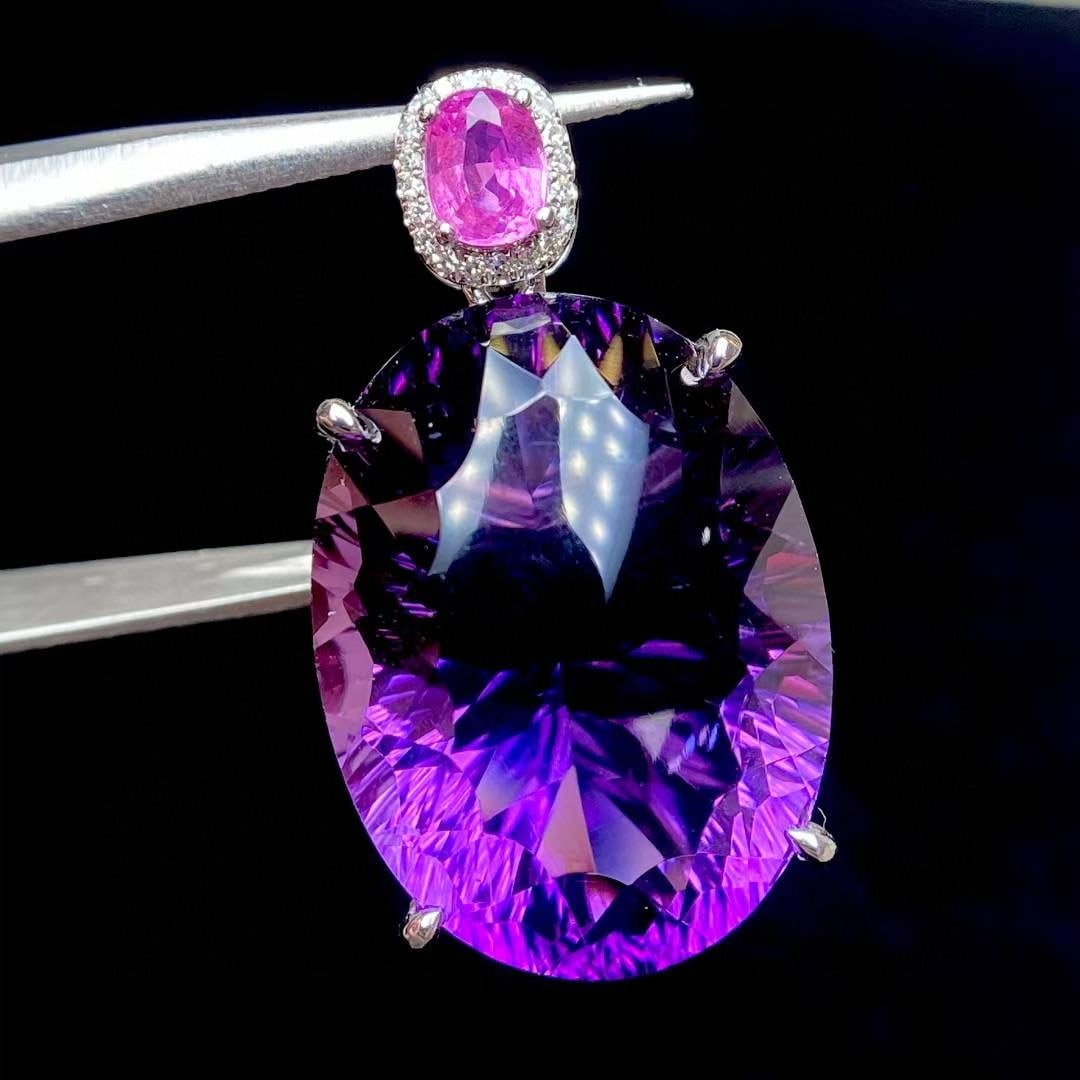 14k Gold 19.5 Ct Natural Amethyst & Diamond & Sapphire Pendant( Without Chain ) - 2