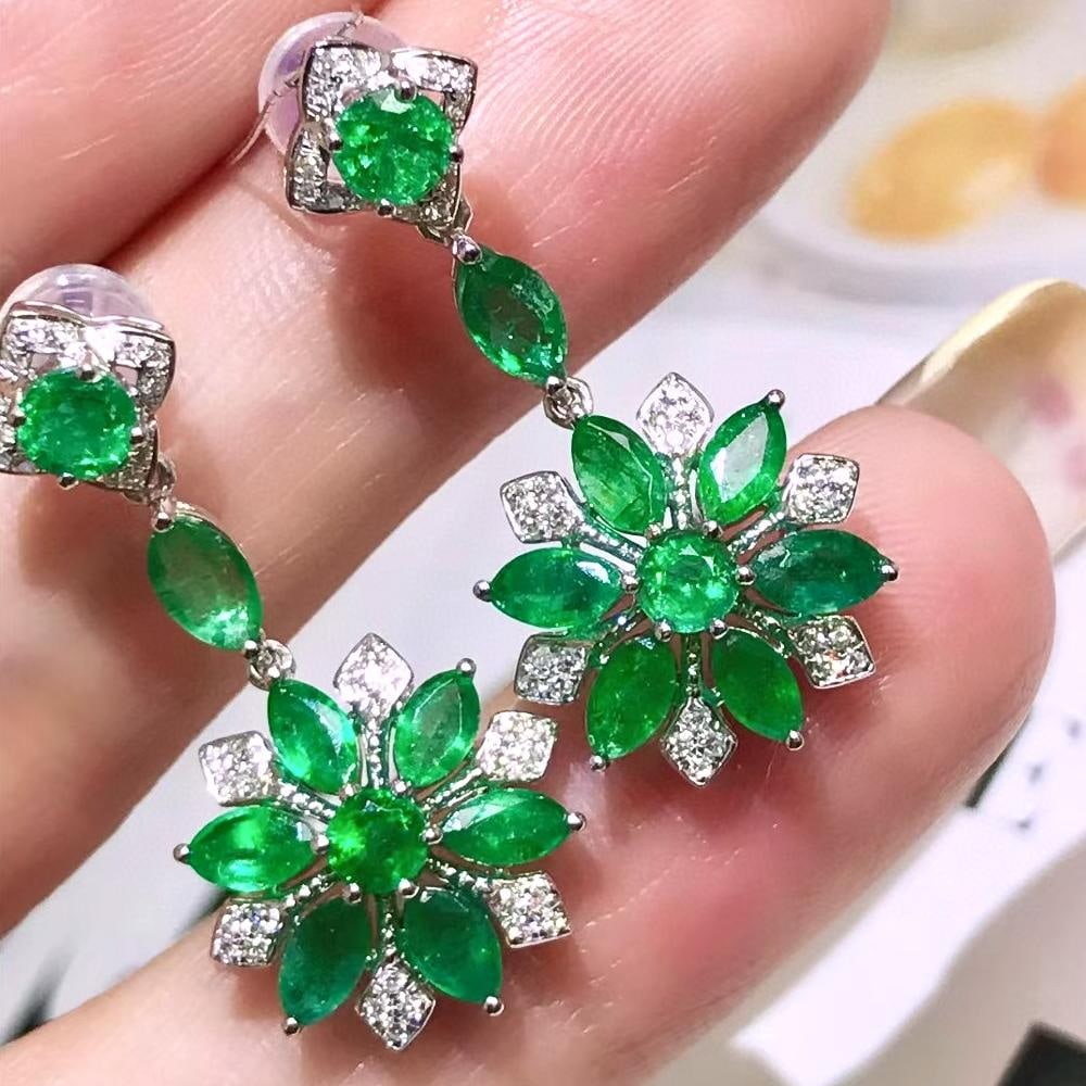 14k Gold 3.51 Ctw Vivid Green Natural Emerald & Diamond Earrings - 2