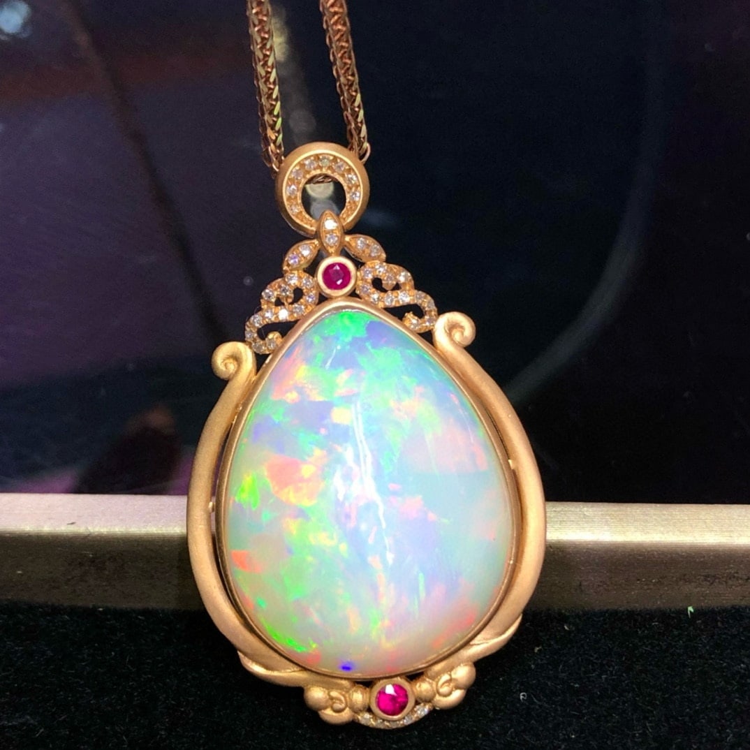 14k Gold 29.0 Ct Natural Opal & Diamond Pendant( Without Chain ) - 2