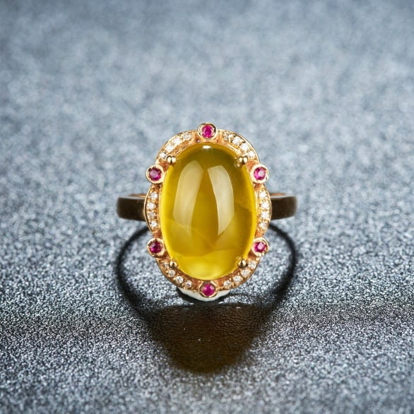 14k Gold 6.15 Ct Natural Prehnite & Diamond & Ruby Ring: Ref:231041062 // gold content:14k gold // ring size:7. 25us // // main gemstone:prehnite // shape:oval // carat weight:6. 15ct // color:yellow // treatment:natural // // adjacent gemstone 2 : diamond 