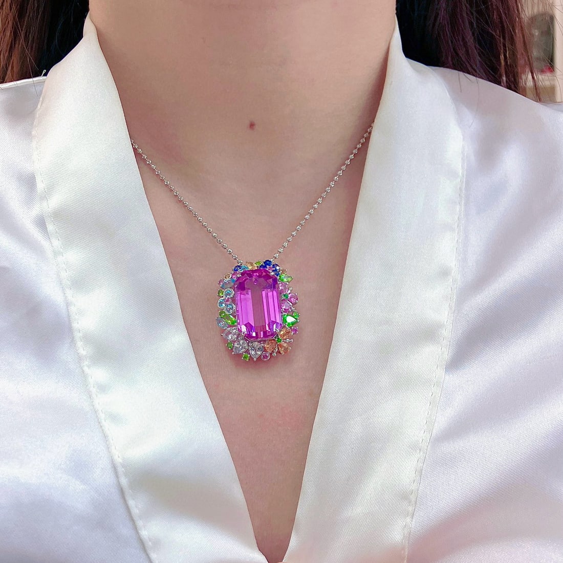 14k Gold 34.75 Ctw Natural Kunzite & Sapphire Pendant( Without Chain ) - 7