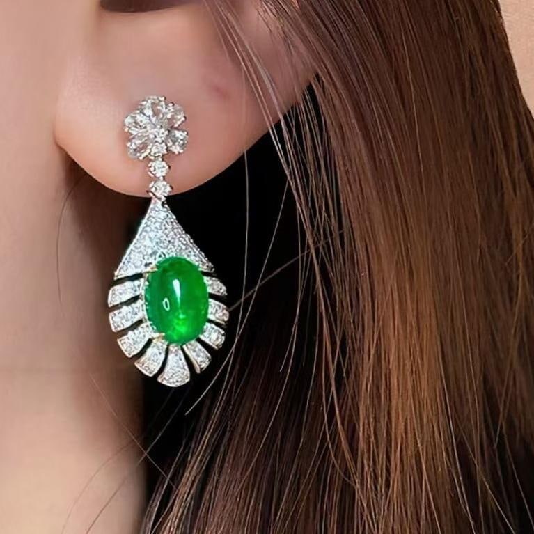 14k Gold 3.37 Ct Vivid Green Natural Emerald & Diamond & Sapphire Earrings - 2