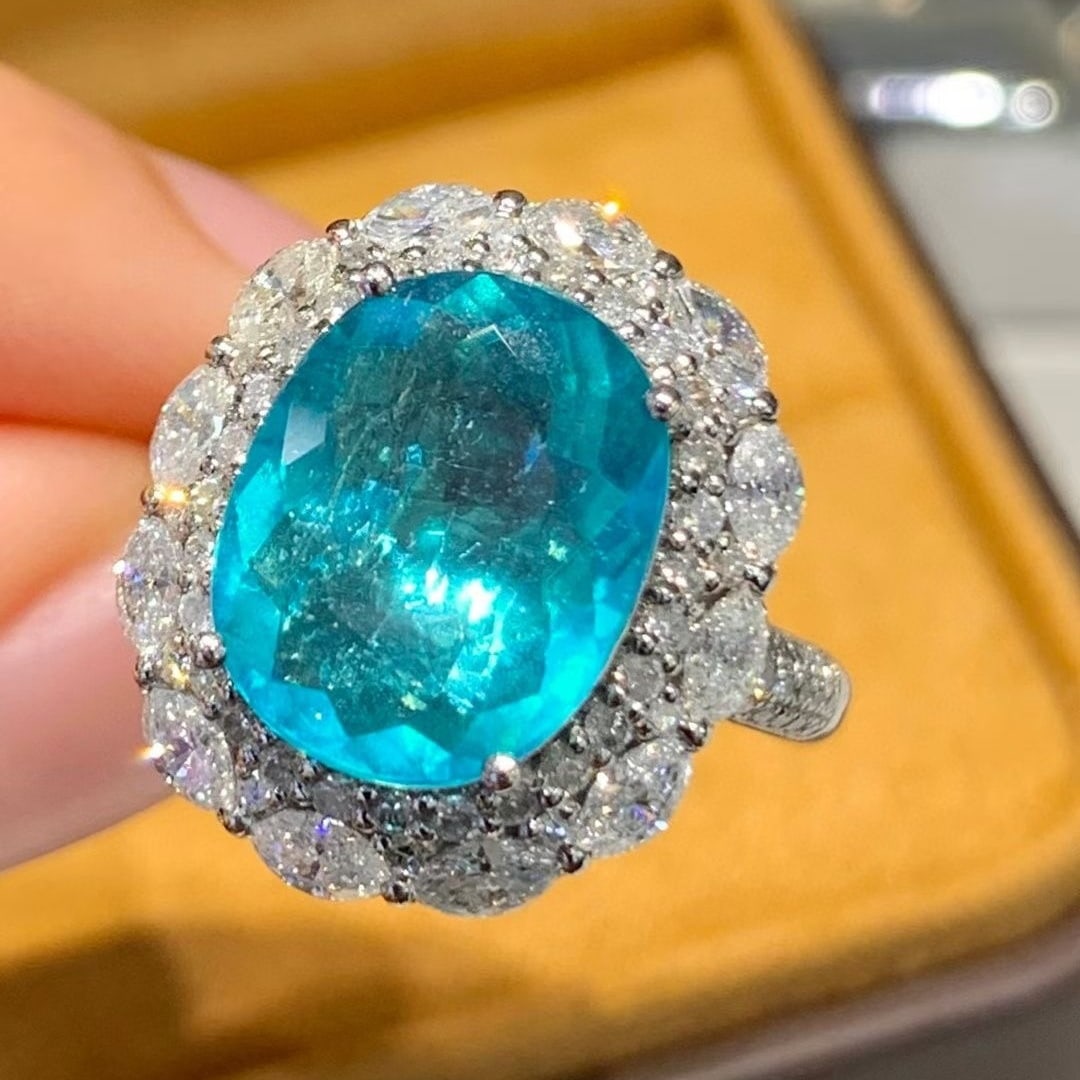 14k Gold 3.88 Ct Natural Paraiba Tourmaline & Diamond Ring - 2
