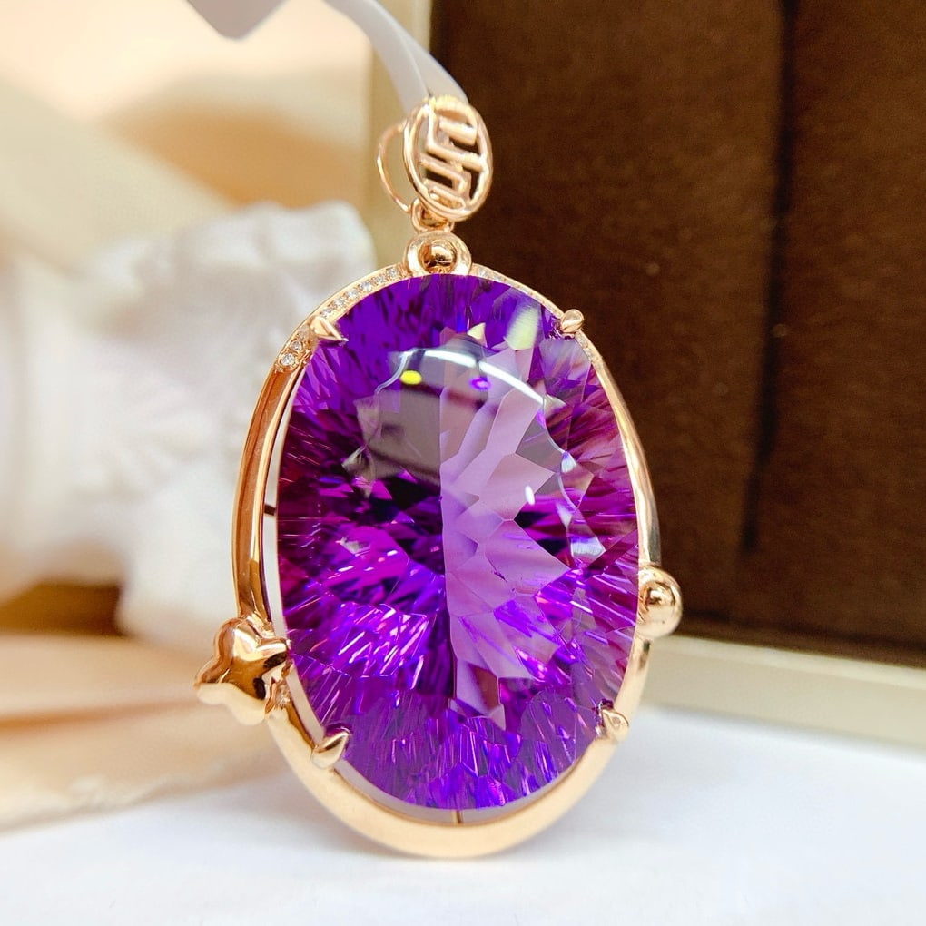 14k Gold 34.35 Ct Natural Amethyst & Diamond Pendant( Without Chain ) - 2
