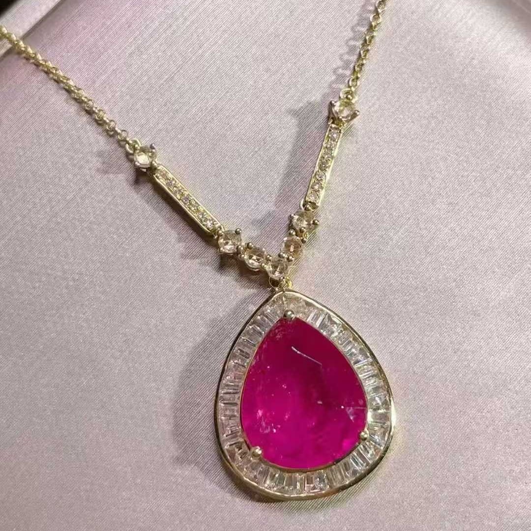 14k Gold 4.3 Ct Natural Tourmaline & Diamond & Sapphire Necklace - 3