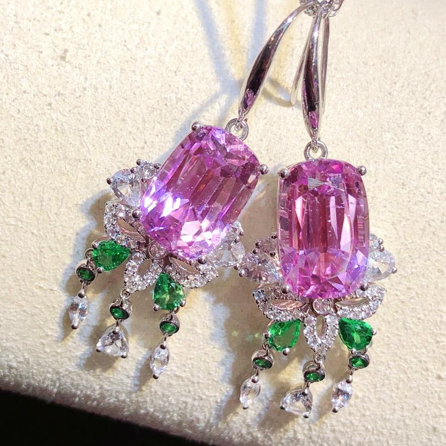 14k Gold 19.74 Ctw Natural Kunzite & Sapphire Earrings - 2