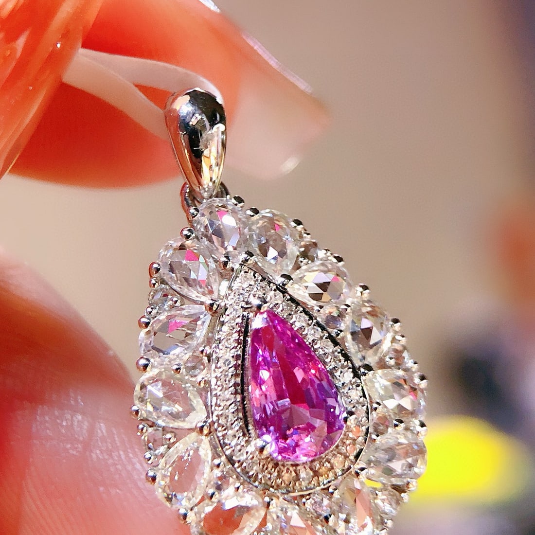 14k Gold 1 Ct Natural Padparadscha Sapphire & Diamond & Sapphire Pendant( Without Chain ) - 2
