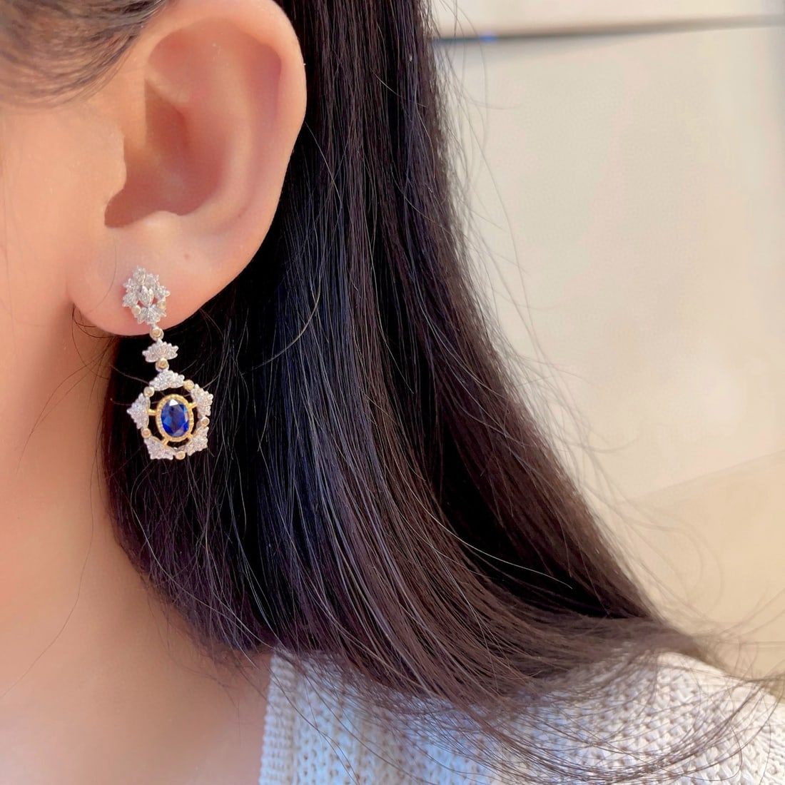 14k Gold 2.04 Ctw Natural Sapphire & Diamond Earrings - 7