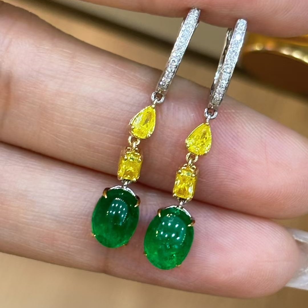 14k Gold 3.52 Ctw Vivid Green Natural Emerald & Yellow Diamond Earrings - 2