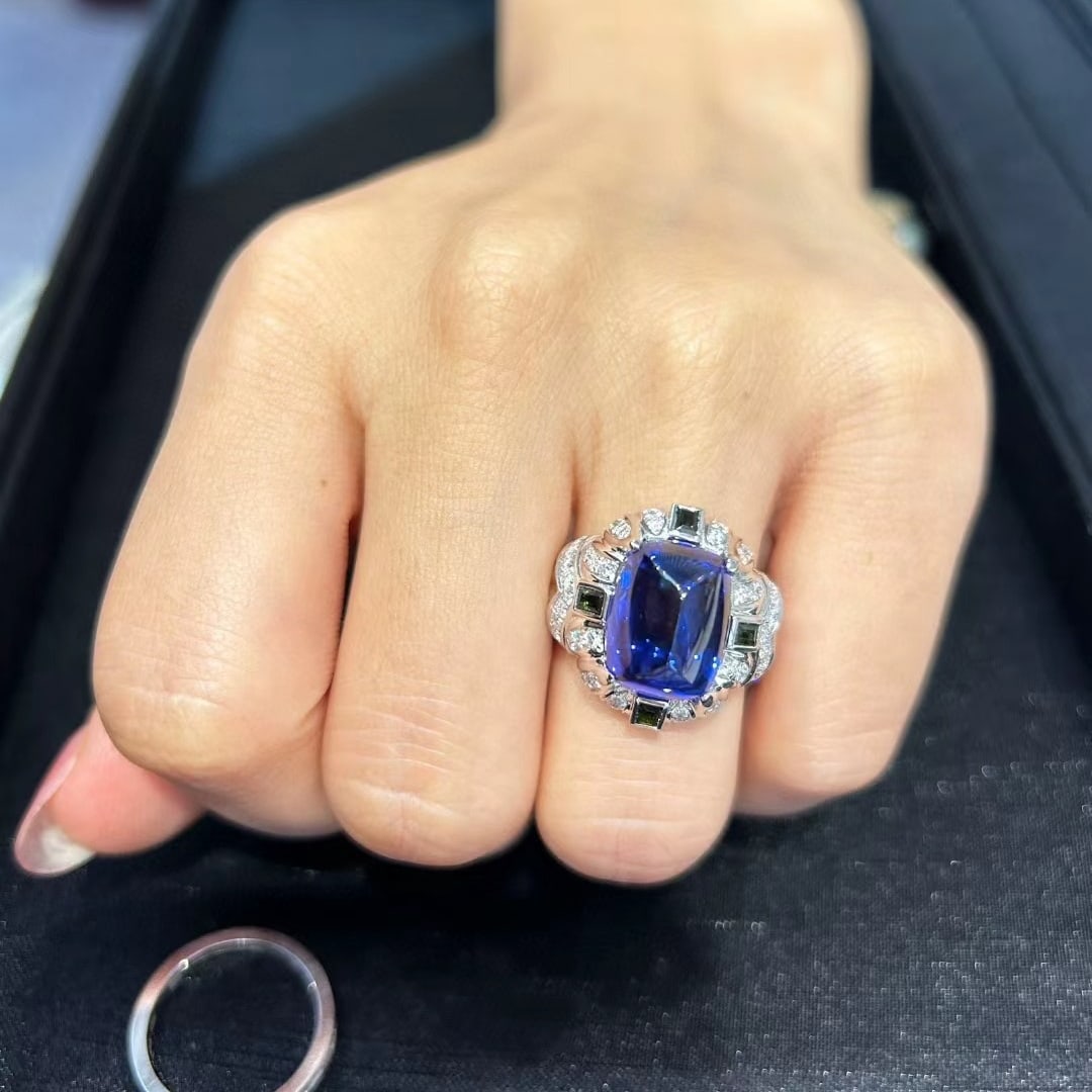 14k Gold 11.72 Ctw Vivid Blue Natural Tanzanite & Diamond Ring - 7