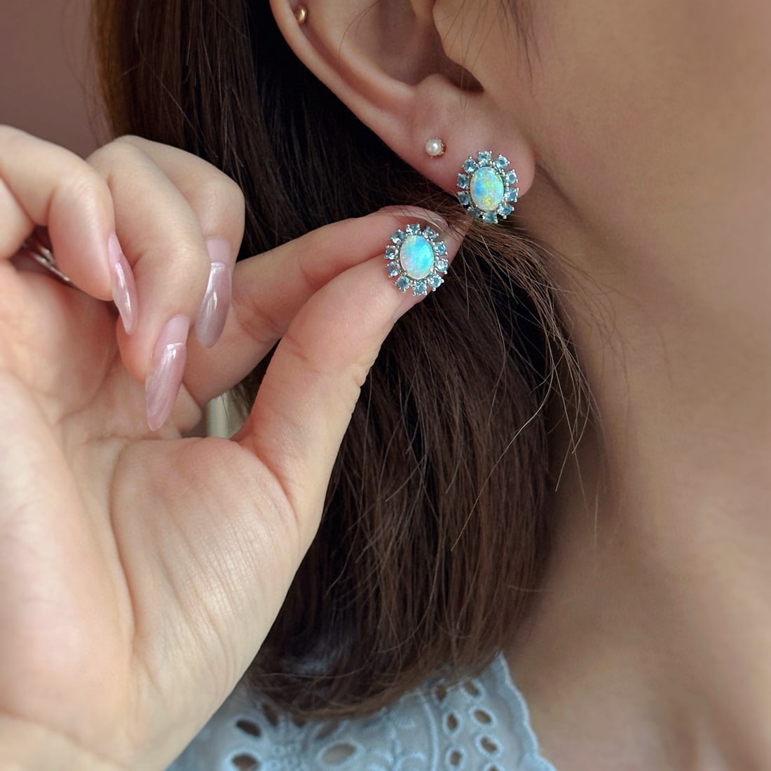 14k Gold 2 Ctw Natural Opal & Aquamarine Earrings - 2