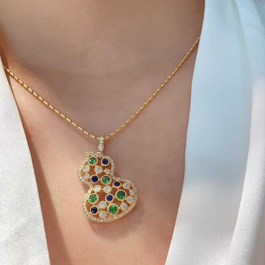 14k Gold 1.42 Ctw Natural Emerald & Sapphire & Diamond Pendant( Without Chain ) - 2