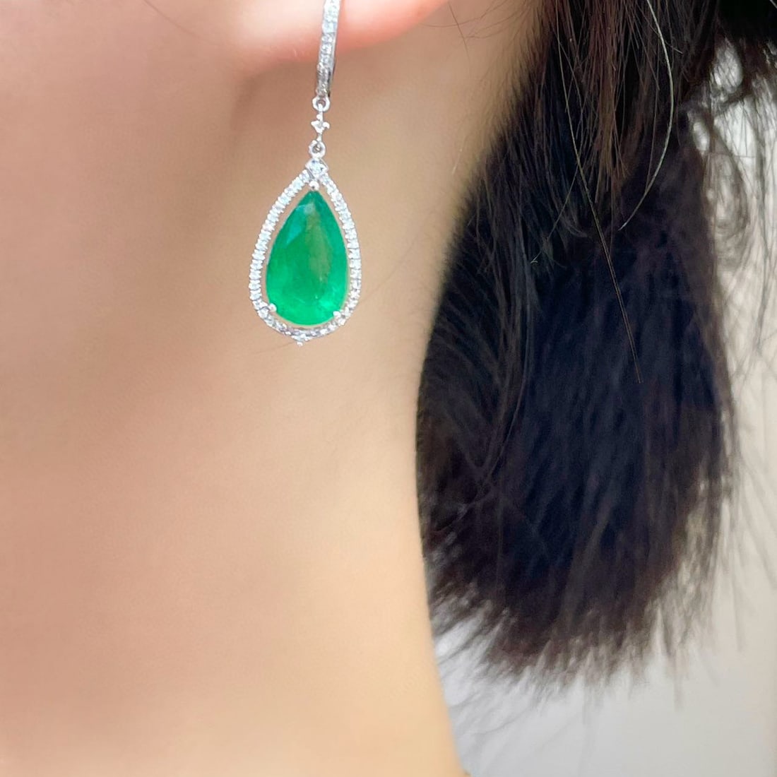14k Gold 5.23 Ct Vivid Green Natural Emerald & Diamond Earrings - 2