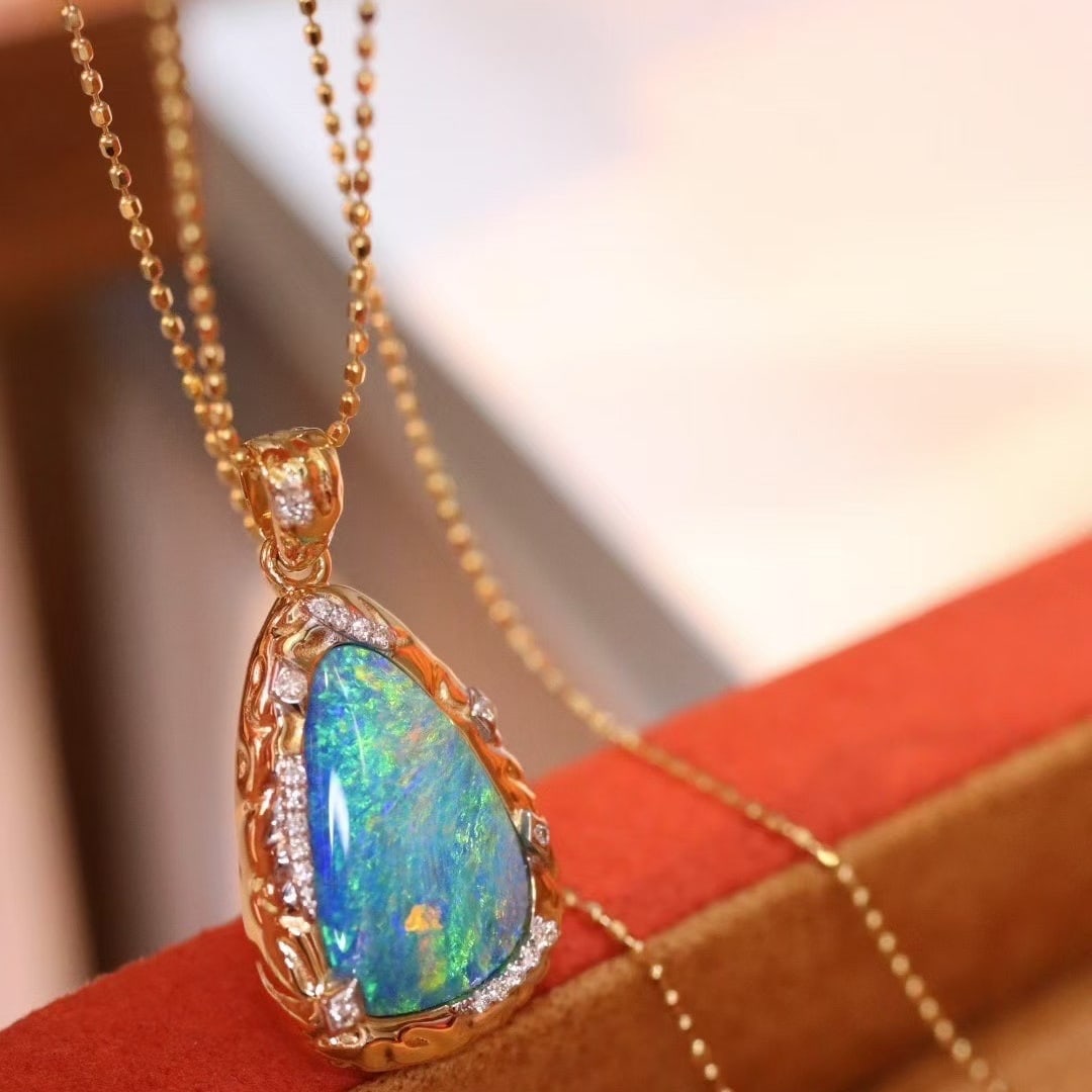 14k Gold 3.58 Ctw Natural Opal & Diamond Pendant( Without Chain ) - 2