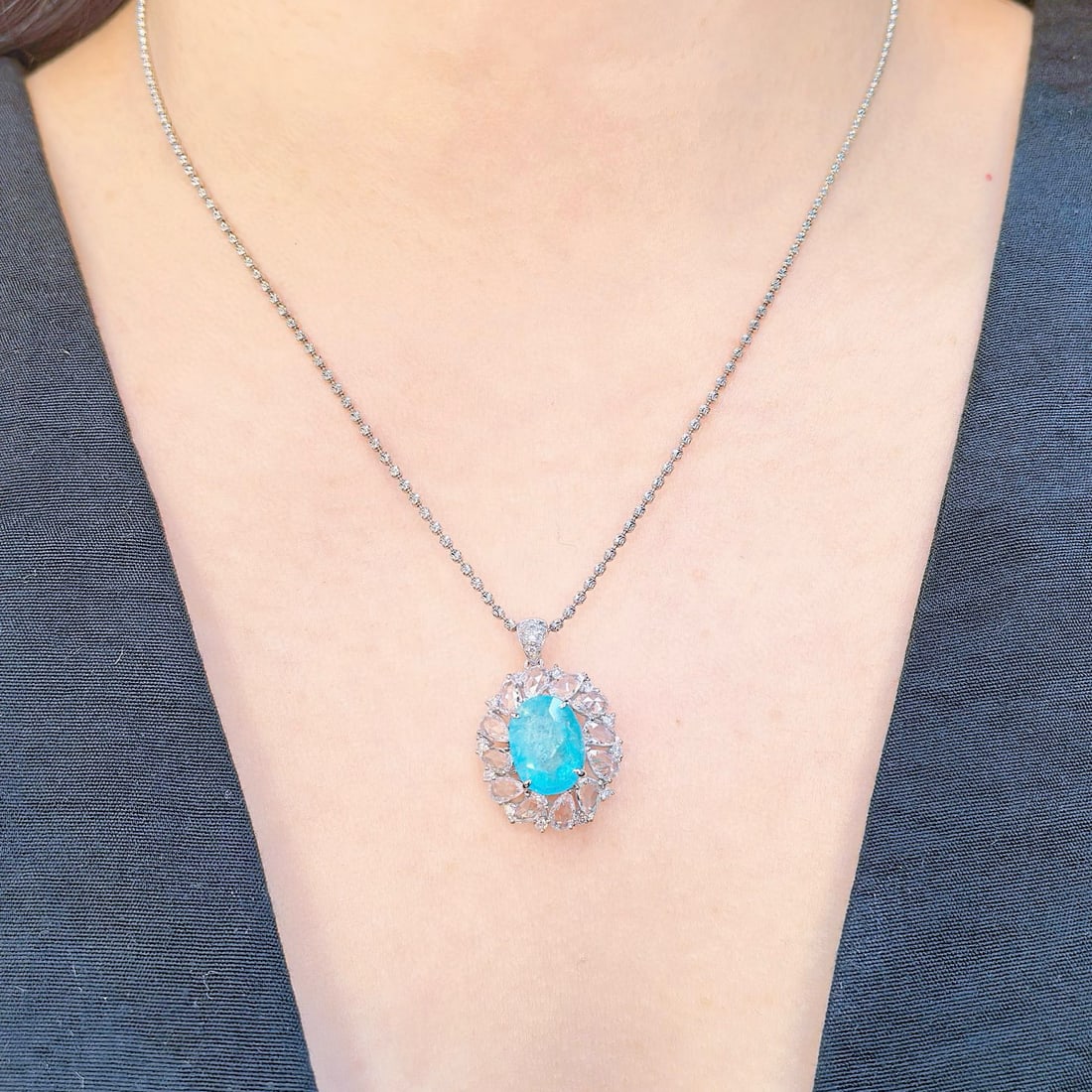 14k Gold 4.85 Ctw Natural Paraiba Tourmaline & Diamond Pendant( Without Chain ) - 7