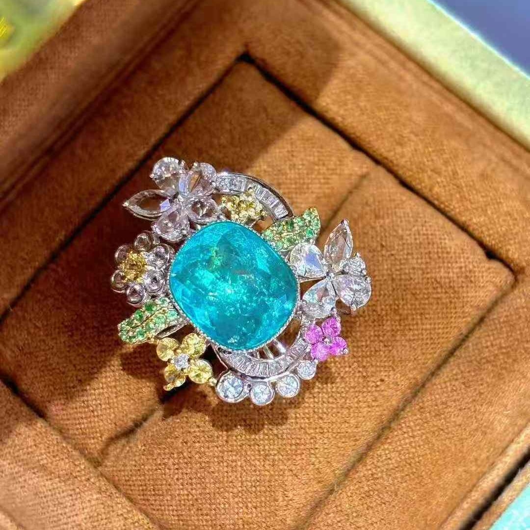 14k Gold 4.31 Ct Natural Paraiba Tourmaline & Diamond & Sapphire & Tsavorite Ring - 2