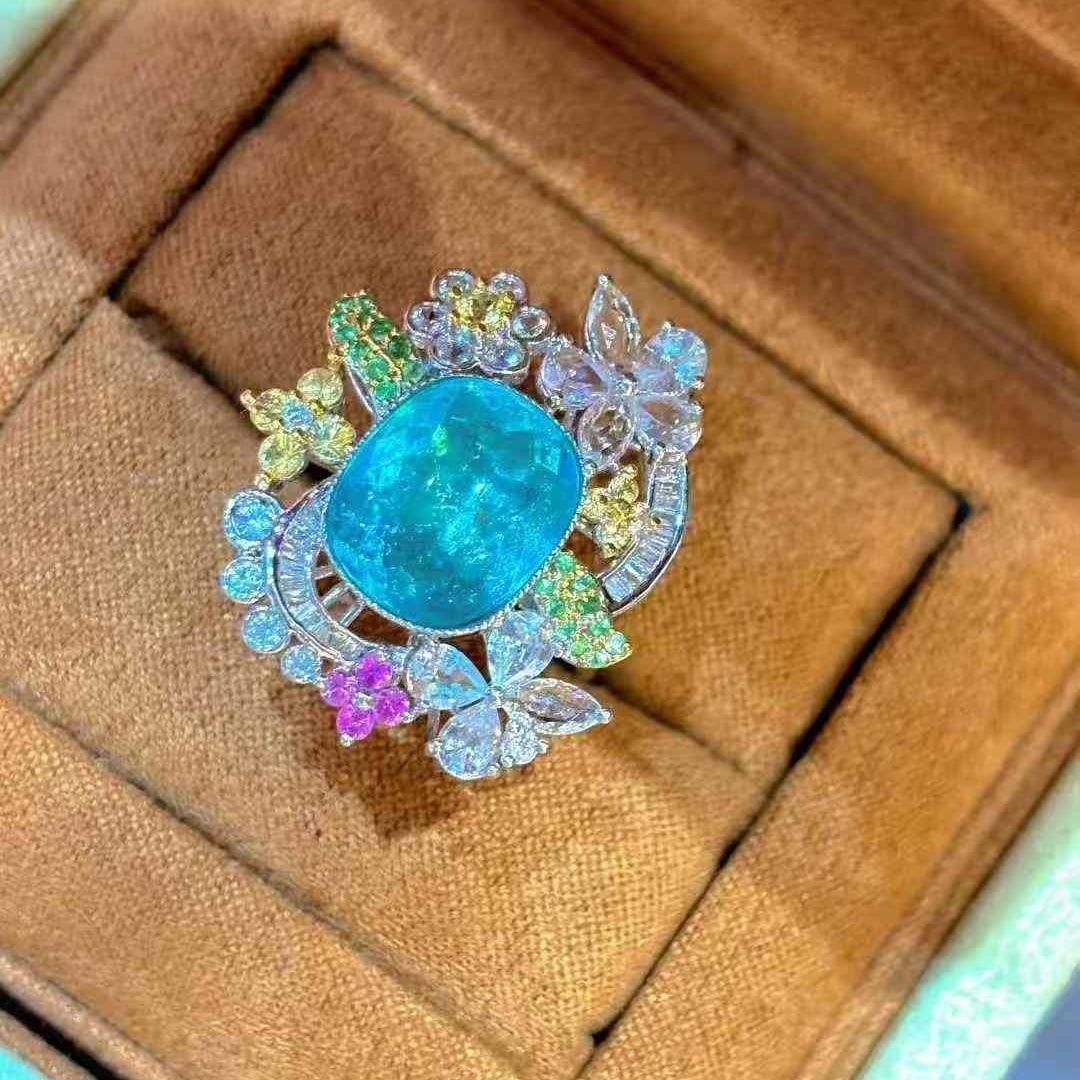 14k Gold 4.31 Ct Natural Paraiba Tourmaline & Diamond & Sapphire & Tsavorite Ring - 3