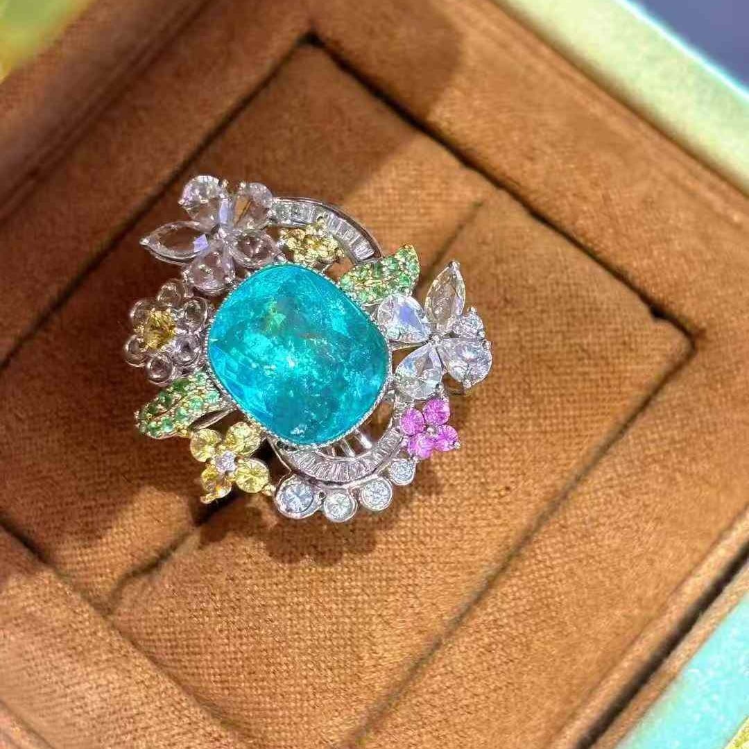 14k Gold 4.31 Ct Natural Paraiba Tourmaline & Diamond & Sapphire & Tsavorite Ring - 4