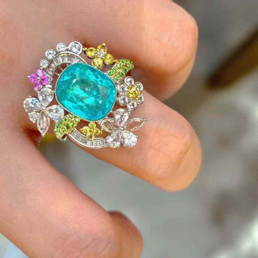 14k Gold 4.31 Ct Natural Paraiba Tourmaline & Diamond & Sapphire & Tsavorite Ring - 7
