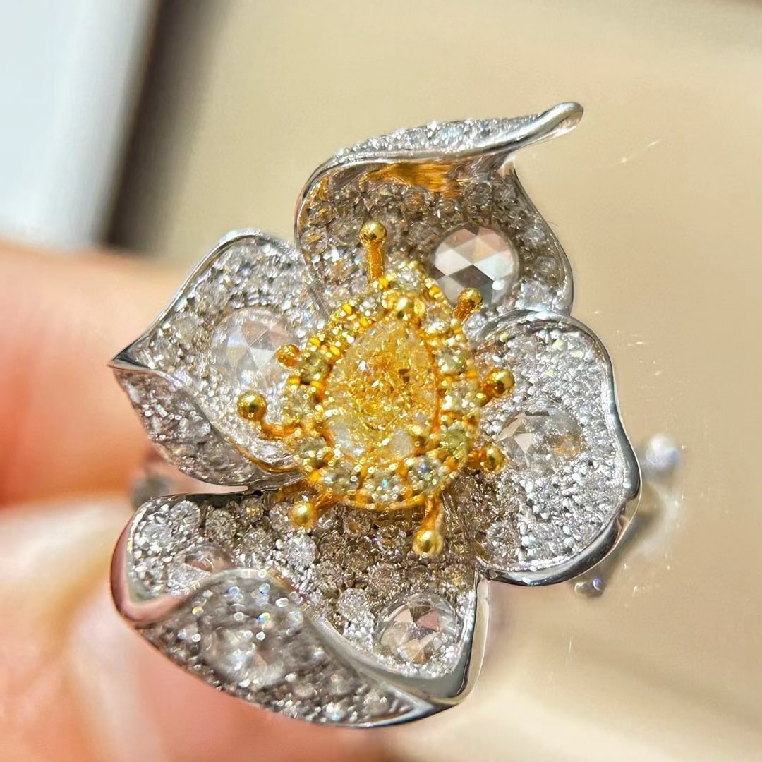 14k Gold 1.58 Ctw Natural Yellow Diamond & Diamond Ring - 7