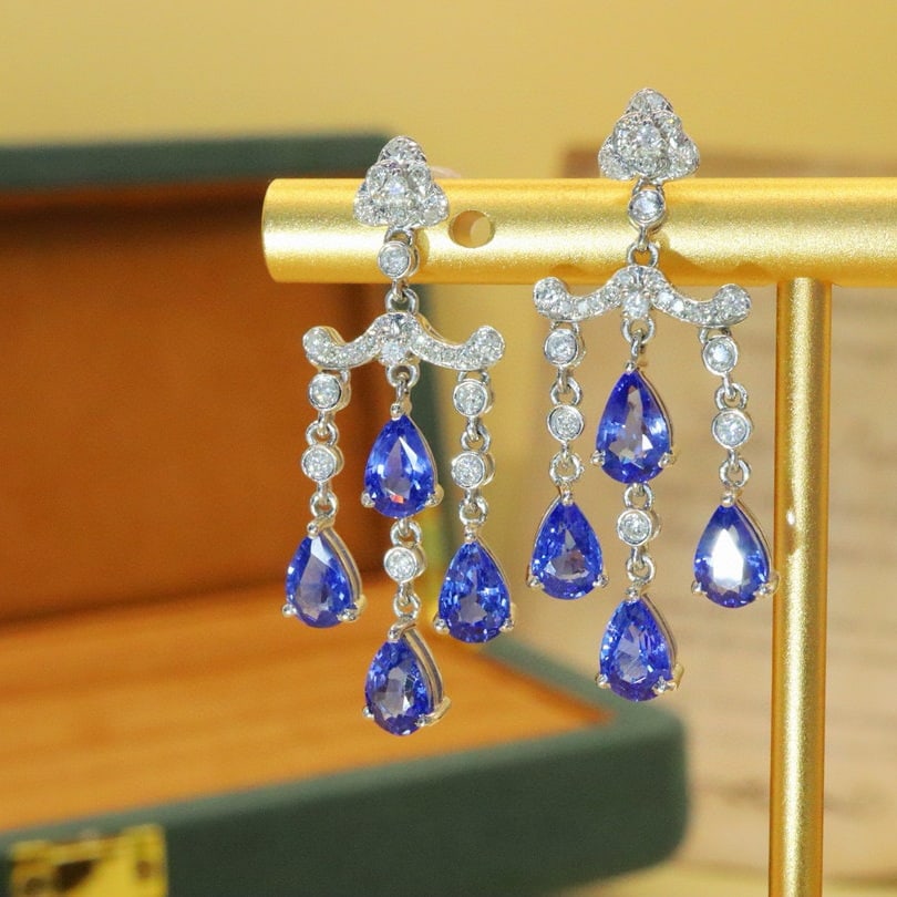 14k Gold 4.47 Ctw Natural Sapphire & Diamond Earrings - 2