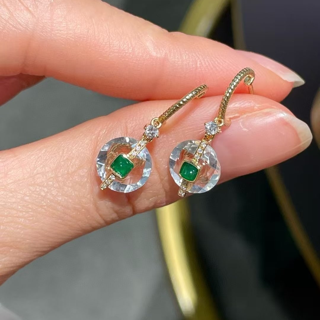 14k Gold 0.2 Ct Vivid Green Natural Emerald & Diamond Earrings - 2