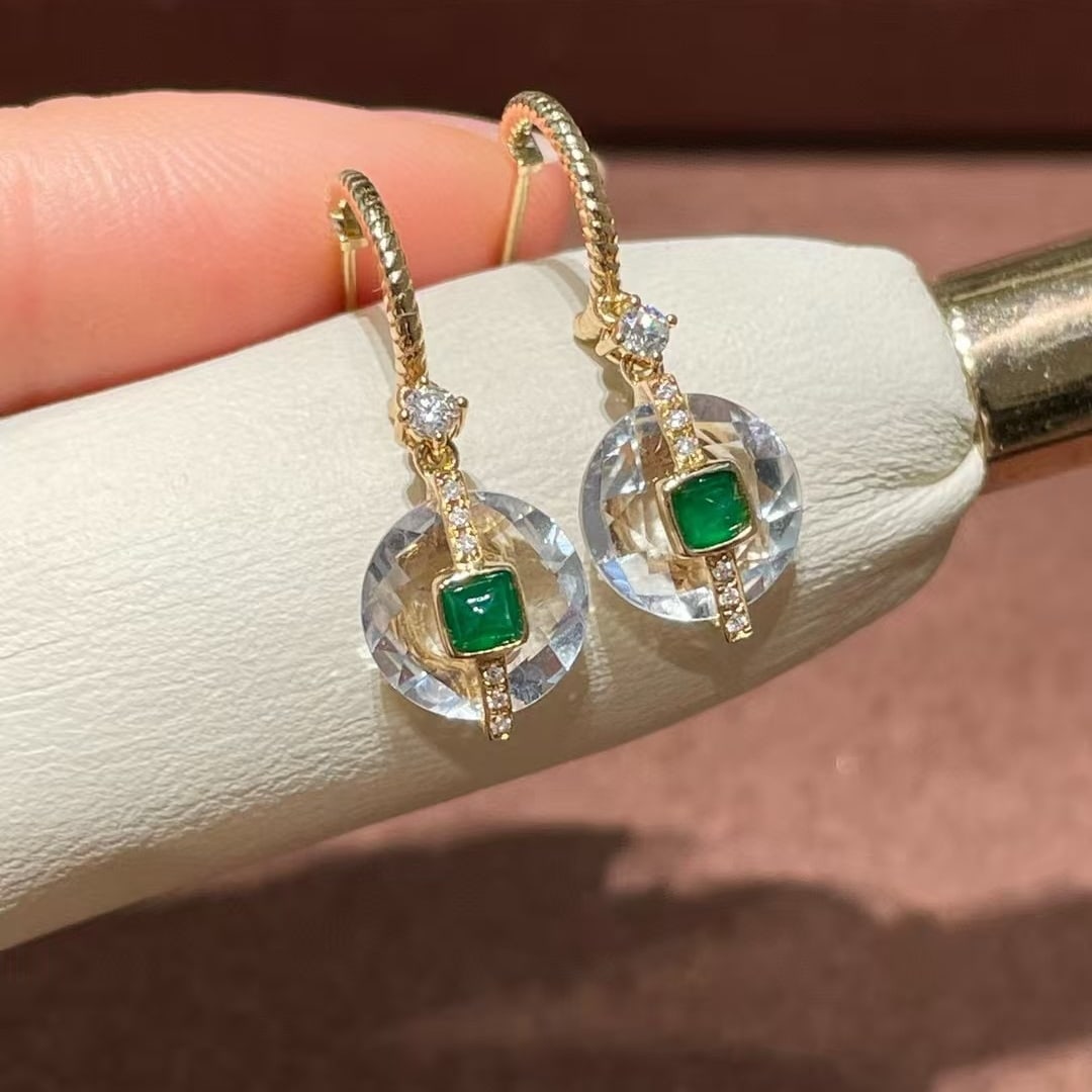 14k Gold 0.2 Ct Vivid Green Natural Emerald & Diamond Earrings - 3
