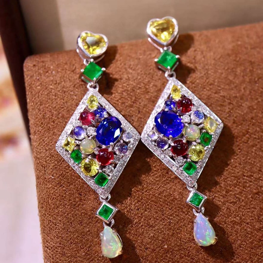 14k Gold 3.71 Ctw Natural Sapphire & Emerald & Ruby & Opal & Moonstone & Diamond Earrings - 4
