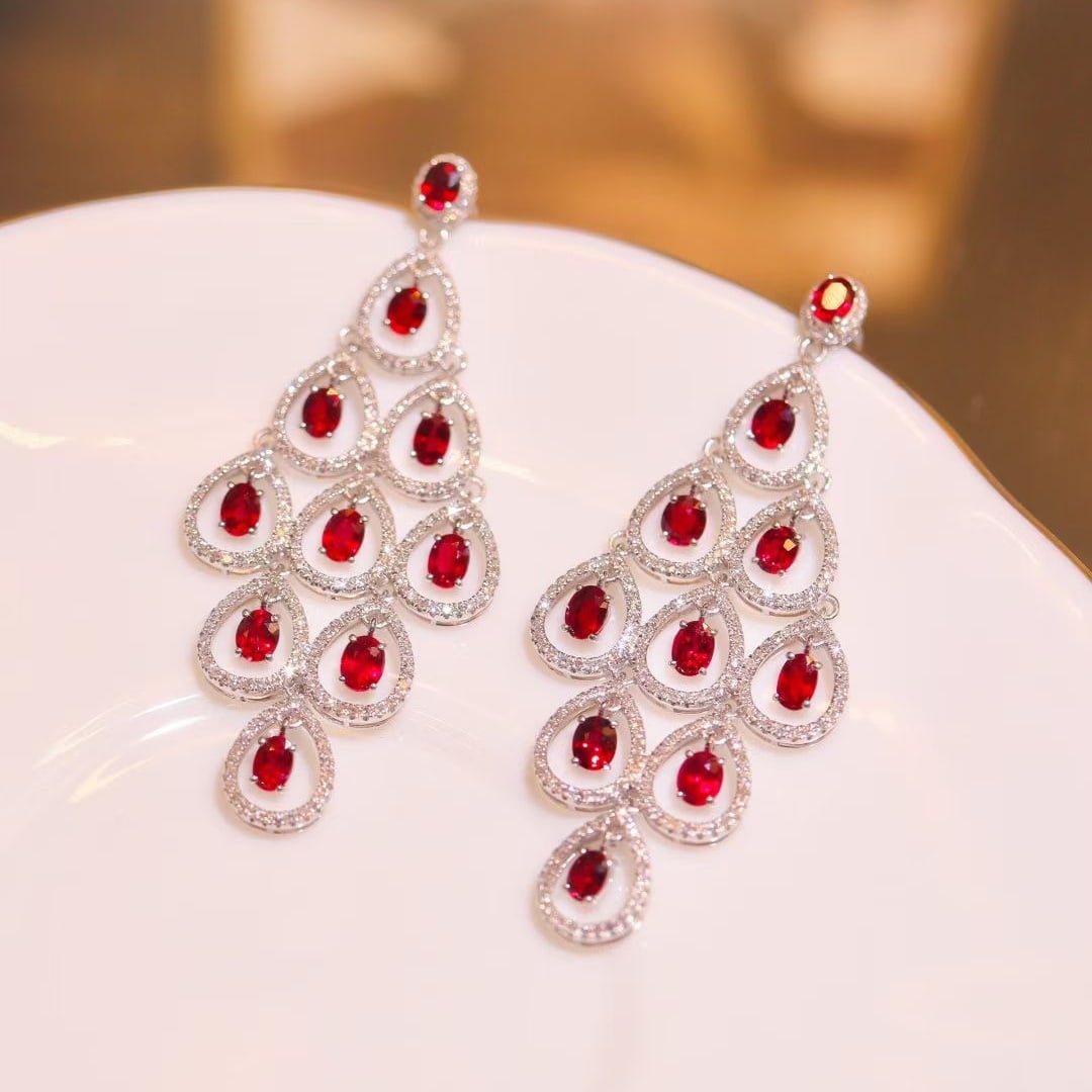 14k Gold 6.12 Ct Natural Ruby & Diamond Earrings - 5