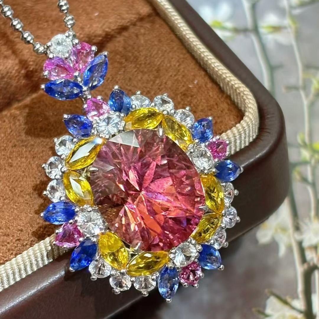 14k Gold 10.88 Ct Natural Tourmaline & Diamond & Sapphire Pendant( Without Chain ) - 5