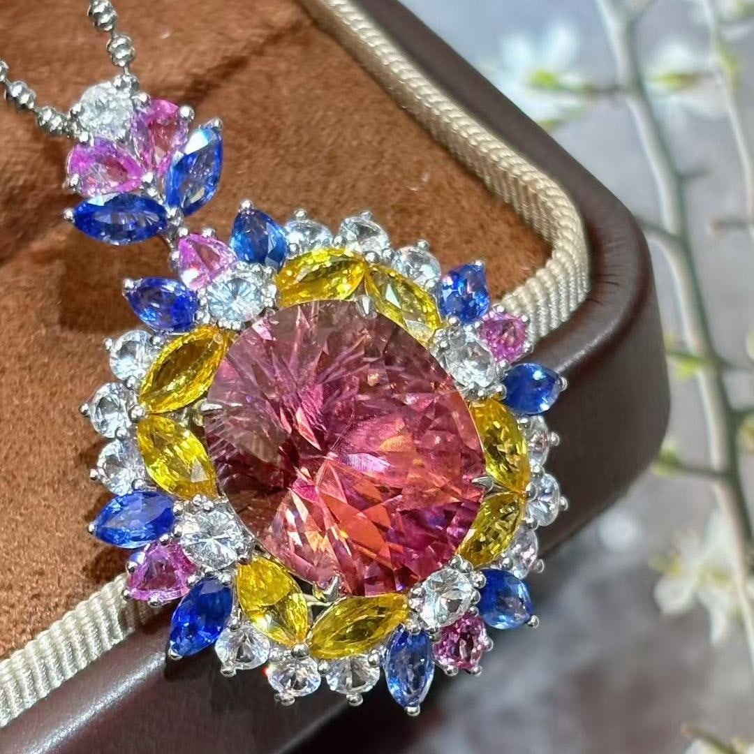 14k Gold 10.88 Ct Natural Tourmaline & Diamond & Sapphire Pendant( Without Chain ) - 6