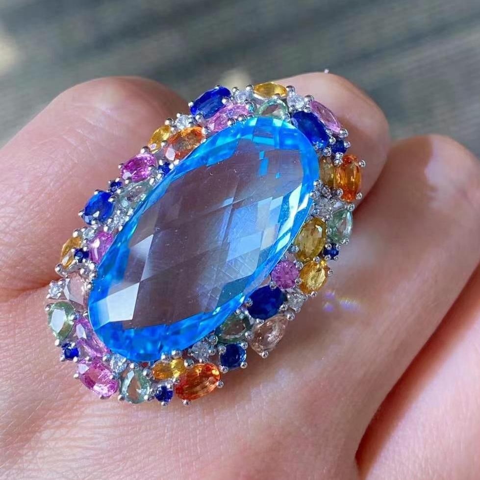 14k Gold 32.4 Ctw Natural Topaz & Sapphire Ring - 2