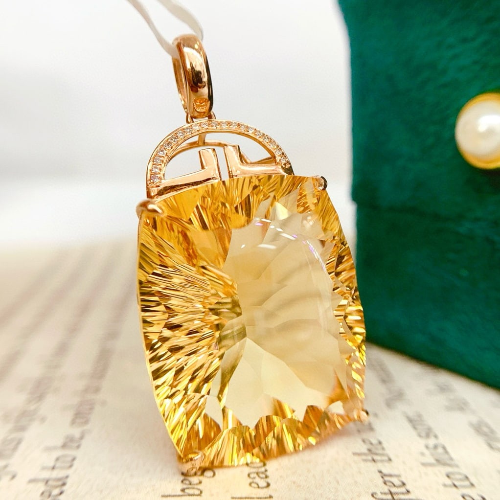14k Gold 38.8 Ct Natural Citrine & Diamond Pendant( Without Chain ) - 3