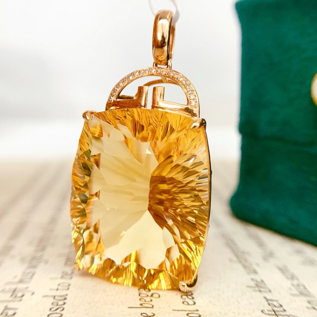 14k Gold 38.8 Ct Natural Citrine & Diamond Pendant( Without Chain ) - 4