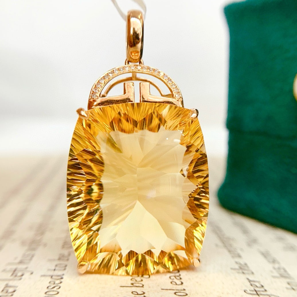 14k Gold 38.8 Ct Natural Citrine & Diamond Pendant( Without Chain ) - 6