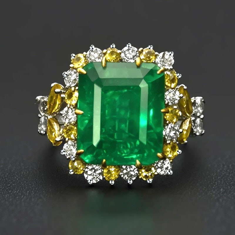 14k Gold 7.64 Ctw Natural Emerald & Diamond Ring: Ref:231043022 // gold content:14k gold // ring size:7. 25us // // main gemstone:emerald // shape:octagonal // carat weight:7. 35ct // color:green // treatment:natural // // adjacent gemstone 2 :