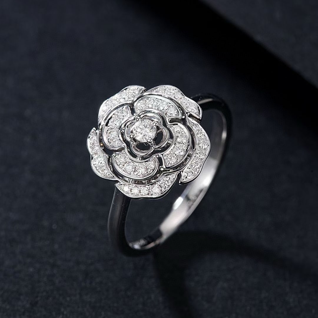 14k Gold 0.25 Ctw Natural H Diamond & Flowers Ring: Ref:231043034 // gold content:14k gold // ring size:7. 25us // // main gemstone:diamond // shape:round // carat weight:0. 06ct // clarity grade:vs-si // color:h // treatment:natural // cut grade:g //