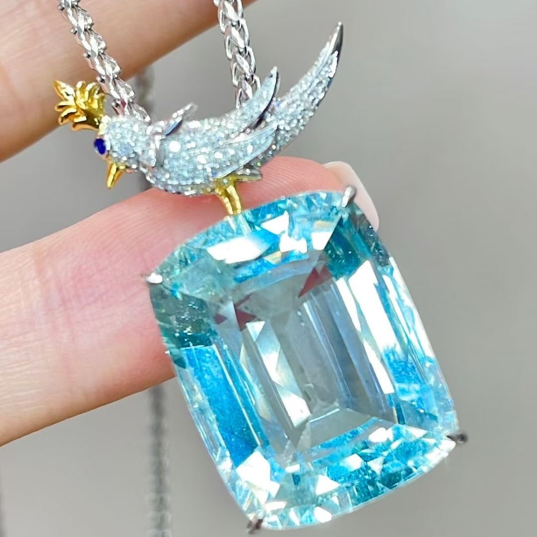 14k Gold 19 Ct Natural Aquamarine & Diamond Pendant( Without Chain ) - 2