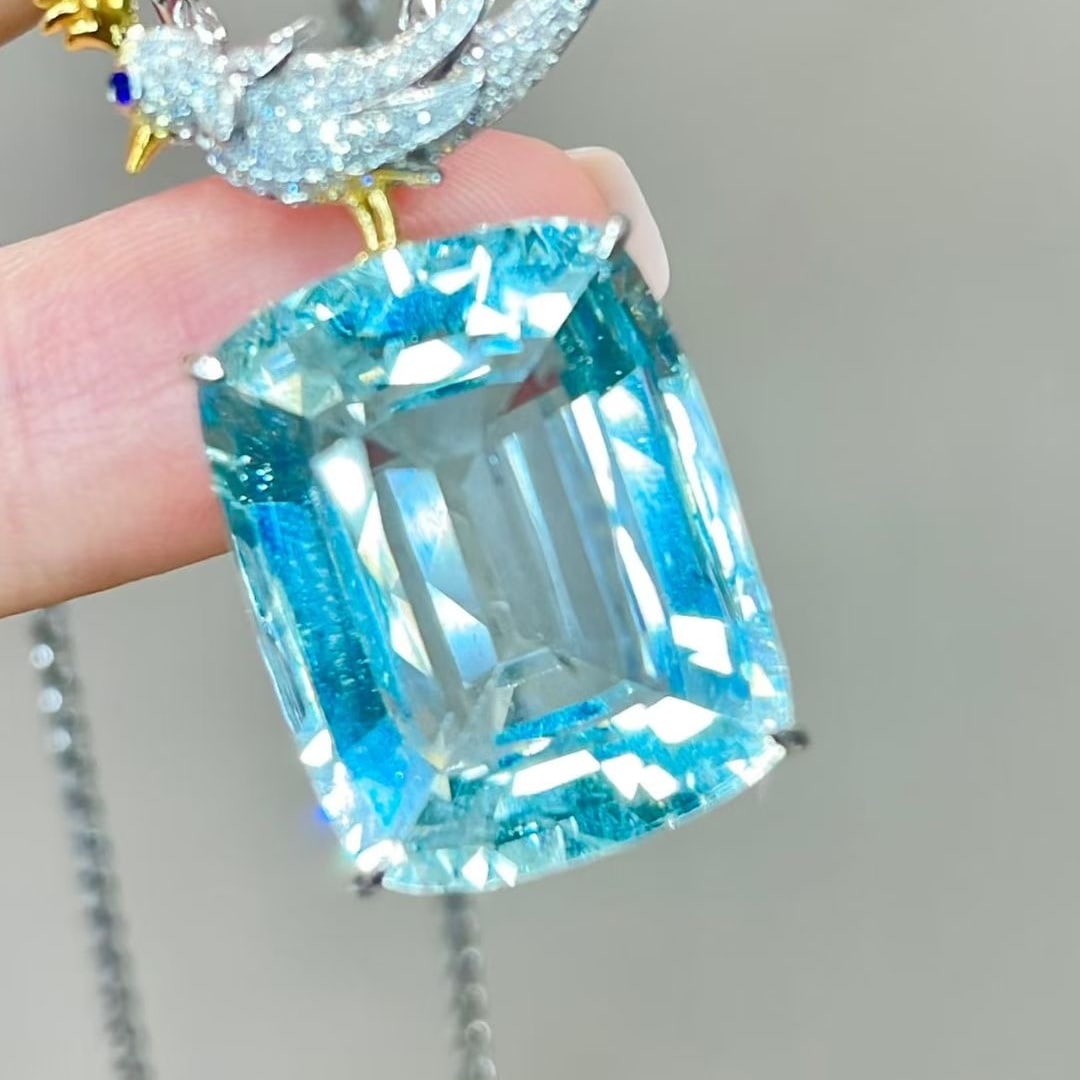 14k Gold 19 Ct Natural Aquamarine & Diamond Pendant( Without Chain ) - 4
