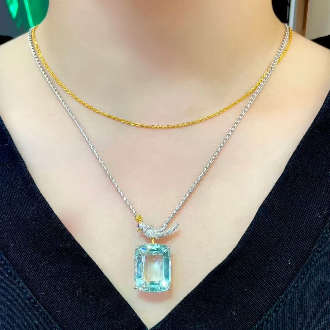 14k Gold 19 Ct Natural Aquamarine & Diamond Pendant( Without Chain ) - 6