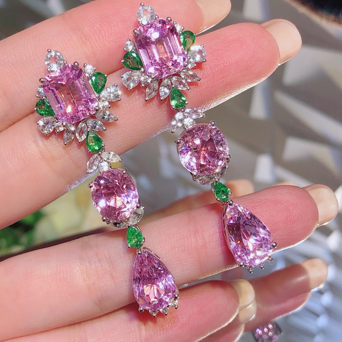 14k Gold 35.37 Ctw Natural Kunzite & Sapphire & Tsavorite Earrings - 2