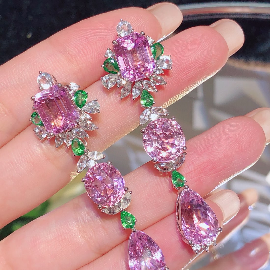14k Gold 35.37 Ctw Natural Kunzite & Sapphire & Tsavorite Earrings - 3