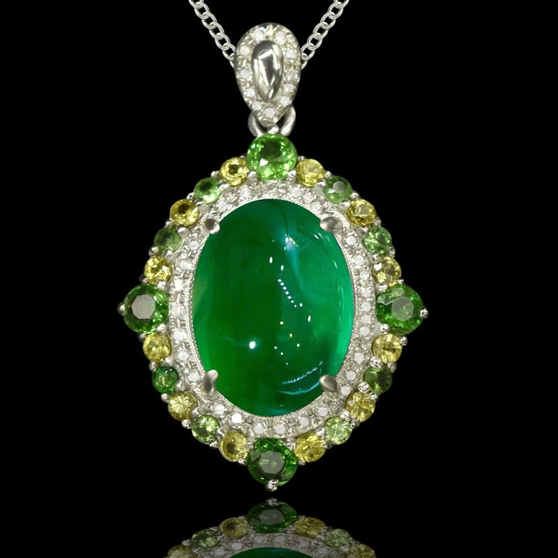 14k Gold 4.37 Ctw Vivid Green Natural Emerald & Diamond Pendant( Without Chain ): Ref:231043056 // gold content:14k gold // main gemstone:emerald // shape:oval // carat weight:4. 27ct // color:vivid green // treatment:natural // // adjacent gemstone 2 : diamond // number of
